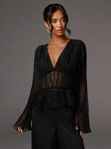 Athîral 女士时尚优雅V领长袖衬衫，黑色薄纱上衣，黑色网纱上衣，褶皱上衣，女士薄纱上衣，黑色派对上衣 - 黑色 - 查看 3