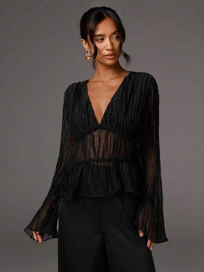 Athîral Women's Fashionable Elegant V-Neck Long Sleeve Blouse Sheer Black Top Black Mesh Top Pleated Top Sheer Tops For Women Black Party Top