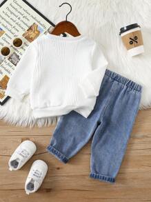 SHEIN 2pcs/Set Baby Boy/Girl Casual White Sweatshirt And Blue Denim Long Pants Tracksuit, Unisex Baby Clothes For Autumn/Winter Baby Boy Jeans Outfit Baby Boy Clothes Long Sleeve Baby Boy Casual Set Fall - Multicolor - View 2