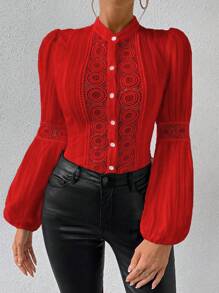Chiquease Guipure Lace Insert Lantern Sleeve Blouse For New Year Clothes Women Shirt - Red - View 7