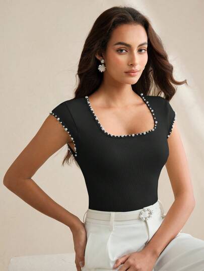 Anewsta Elegant Seamless Faux Pearl Beaded Fitted Short Sleeve Women T-Shirt, Early Autumn Black Top