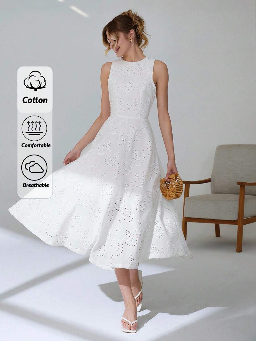 CLARA VERO 女士纯色刺绣无袖长裙 - 白色 - 查看 1