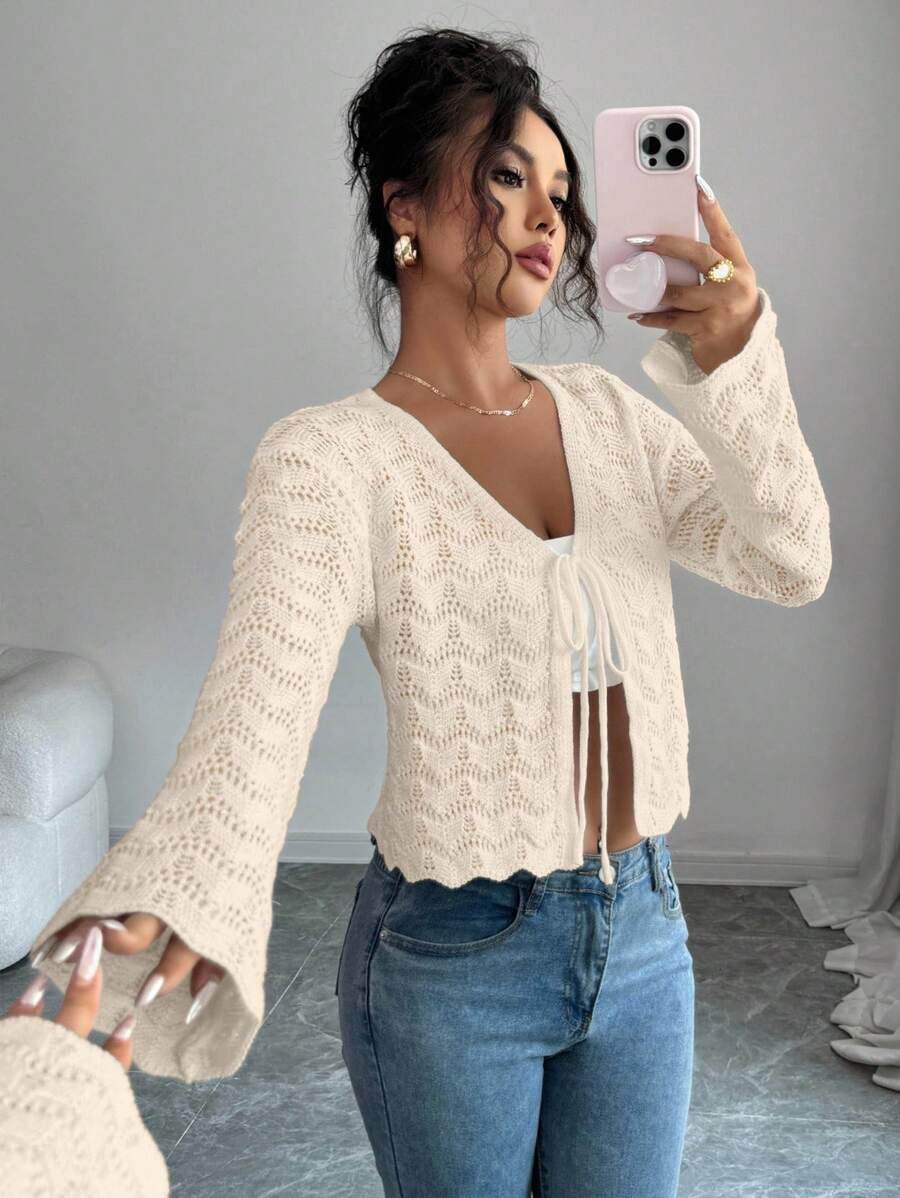 Elenzga 女士优雅纯色系带镂空针织开衫 - 杏色 - 查看 1