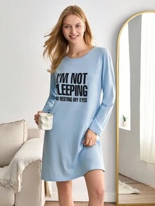 EURMUSE Women Round Neck With Long Sleeved Shirt Lettered Homewear Pajama Dress Long Sleeve Nightgown Sleeping Dress Pajamas Dress Loungewear Dress Sleeping Pajamas For Women - Blue - View 5