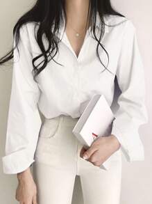 DAZY Solid Button Front Drop Shoulder Shirt,Long Sleeve Tops - White - View 6