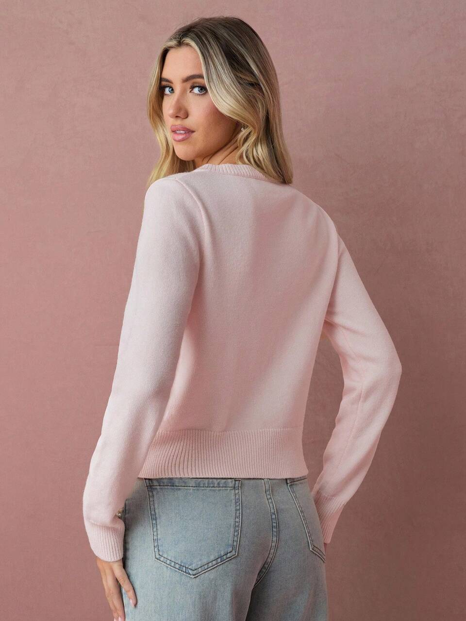 Enchnt Cárdigan de punto de manga larga con bordado floral rosa para mujer, elegante, romántico y casual, ideal para otoño, fiestas, brunch, vacaciones, citas y Halloween