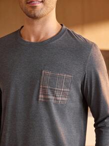 Manfinity Underwear&Sleepwear Basics 男士格子口袋长袖上衣和裤子两件套睡衣套装，男士家居服睡衣，秋冬服装 - 深灰色 - 查看 5