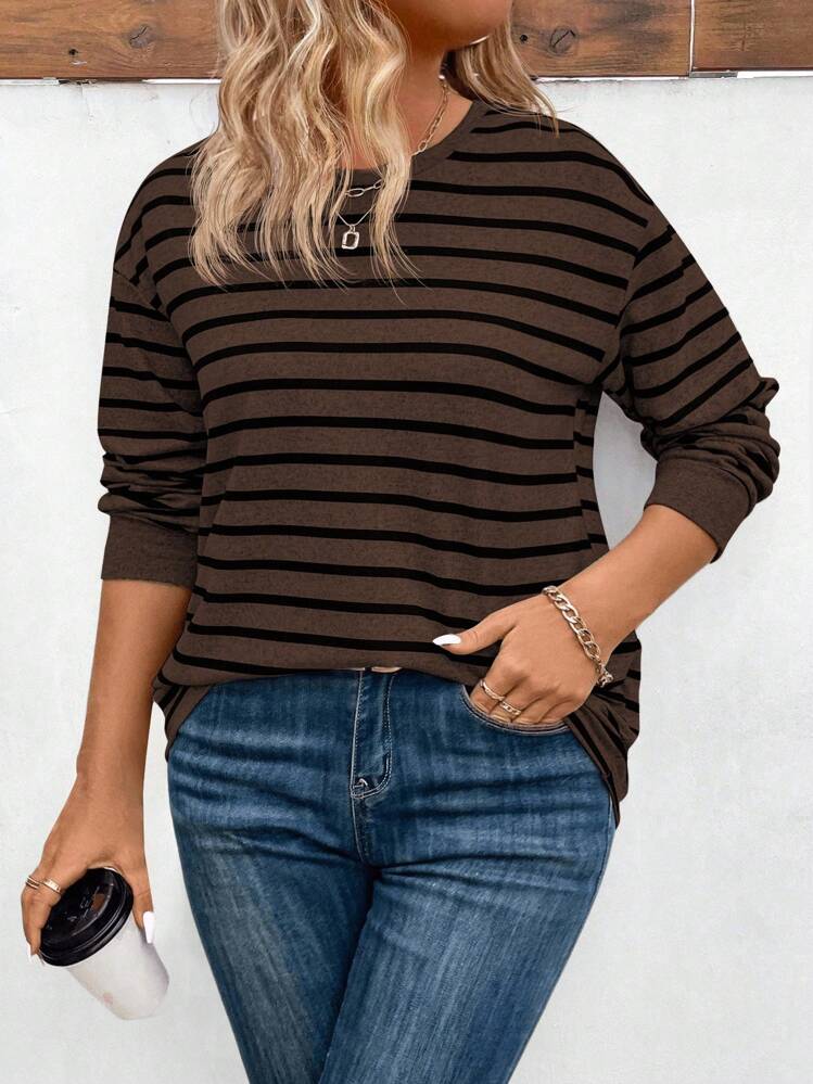 SHEIN Women's Striped Pattern Print Crew Neck Long Sleeve Casual Versatile Plus Size T-Shirt, Autumn/Winter Fall Cloth For Women - Multicolor - View 3