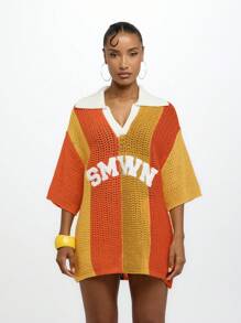 SUMWON WOMEN Áo len móc len kẻ sọc cỡ lớn cổ chữ V, áo chui đầu, cổ polo trễ vai, logo chữ nổi bật, thời trang thu đông Y2K - Nhiều màu - Xem 3