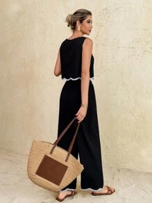 SHEIN Frenchy 女士时尚度假休闲吊带背心上衣和裤子两件套 - 黑色 - 查看 2