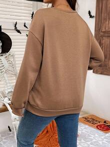 SHEIN Maternity Letter & Pumpkin Print Round Neck Drop Shoulder Long Sleeve Casual Sweatshirt,Halloween - Khaki - View 2