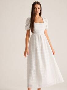 GENKIRA Fashionable & Elegant Fringed Crochet Fabric Square Collar Short Sleeve Dress, Early Autumn - White - View 7