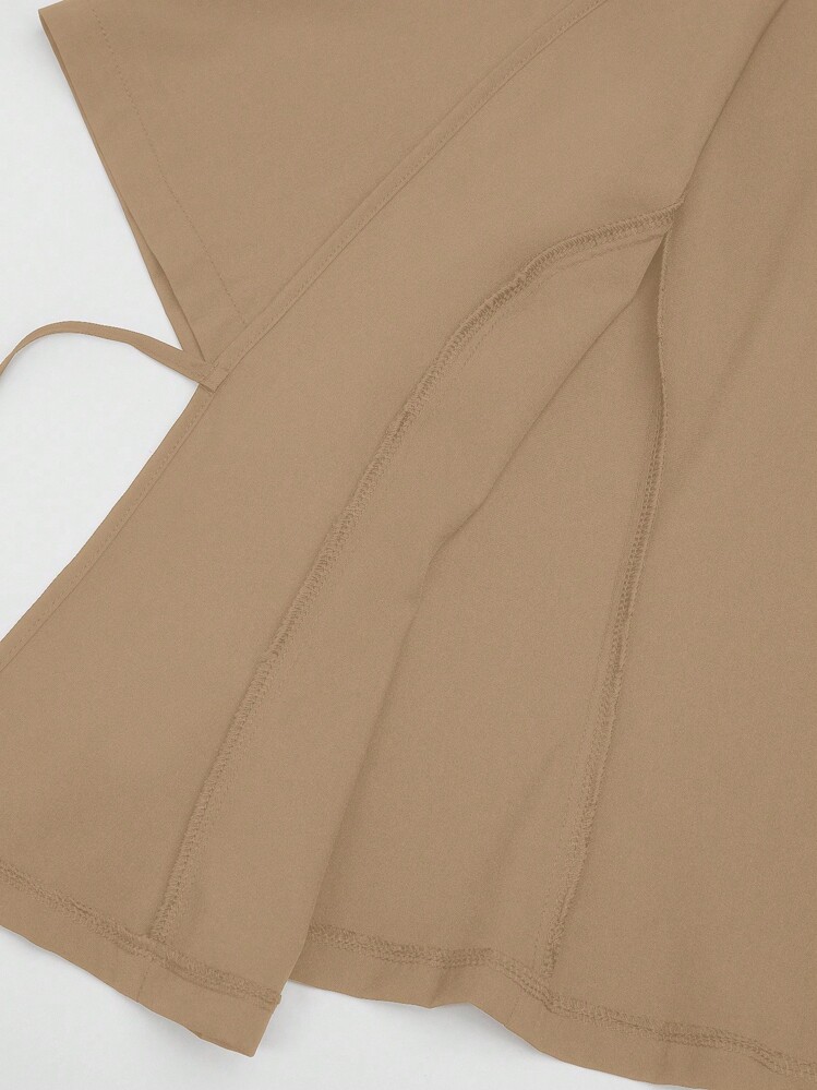 SHEIN Clasi 加大码女式花卉印花吊带背心连衣裙，带伞状下摆和短袖系带前夹克优雅套装 - 卡其色 - 查看 5