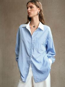 Arave Women's Plain Rhinestone Fabric, Dropped Shoulder Style, Shirt Collar Contrast Color Design, Daily Commuting Long Sleeve Shirt Going Out Tops Women Back To School Clothes Office Outfits For Women Striped Shirt Casual Outfits Spring