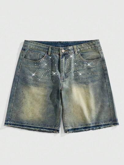 ROMWE MEN Street Life Men's Casual Washed Distressed Rhinestone Denim Shorts, Summer