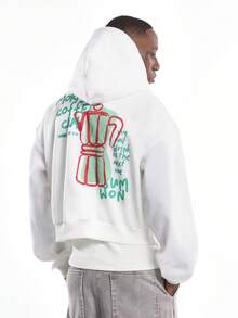 SUMWON Slow Morning Coffee Club Graphic Print Hoodie With Centre Pocket Large Back Design Casual Streetwear Long Sleeve Unisex Daily Wear Pullover - White - View 2