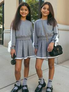 2pcs Tween Girls Knit Sweatshirt With Bowknot & Pleated Skirt Set, Cute Casual Daily Versatile Fashion Back To School Outfit, Autumn/Winter New Arrival - Grey - View 1