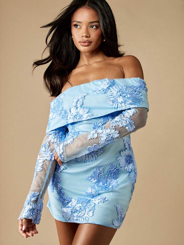 MISSGUIDED Floral Embroidered Bardot Mini Dress Off Shoulder Long Sheer Sleeves Formal Evening Party Wedding Guest Special Occasion Spring Summer
