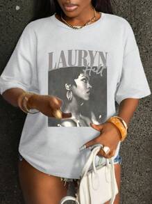 INAWLY Solva Women's Casual Short Sleeve Letter & Portrait Print Round Neck T-Shirt - Grey - View 4