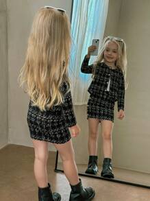 SHEIN 2pcs Young Girl Casual Fashion Button Decor Long Sleeve Jacket And Mini Skirt Set, Tween Girls 2pcs/Set Urban Chic Jacket & Bodycon Skirt Outfit, Graduation Dress,FAshionable,Warm & Soft, Versatile For Play, Daily Wear, School, Autumn & Winter,Pairing White Shirt,Back To School Season.College Style, Girls Blazer And Skirt Set Tweed Two Piece Skirt Set Girls Girls Skirt Suit Girls Tweed Suit Fall
