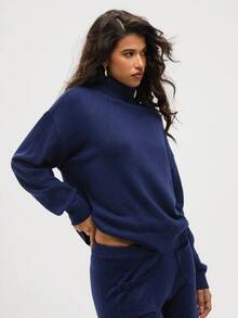 Aloruh 2pcs Women Casual Solid Color Turtleneck Sweater Set In Fall/Winter - Navy Blue - View 8