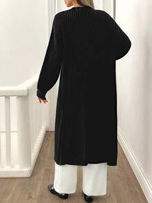 SHEIN Tall Tall Women Casual Solid Black Rib Knit Long Cardigan,Cardigans,Petite