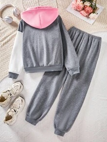 2 件套 Tween 女童秋冬羊毛拼布连帽夹克和运动裤套装，休闲百搭日常拉链装 - 深灰色 - 查看 2