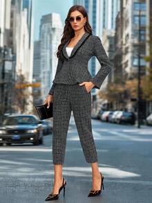 SHEIN Clasi 2 件套蕾丝拼布披肩领前纽扣长袖修身西装外套和裤子套装 - 灰色 - 查看 5