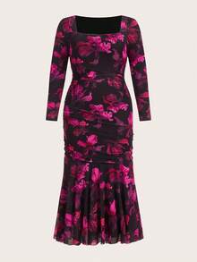Gownix Plus Size Women's Black Floral Print Elastic Mesh Midi Bodycon Dress,Elegant Autumn Formal Evening Wedding Dresses,Date Night Outfit Festival Clothes - Multicolor - View 8