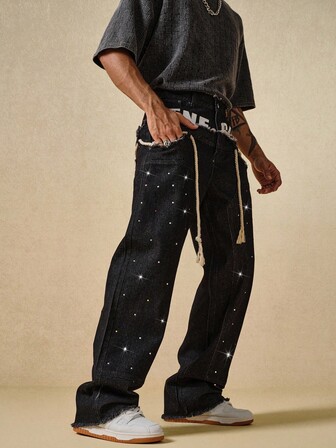 Street Life Jeans ampi da uomo con cintura in diamanti scintillanti