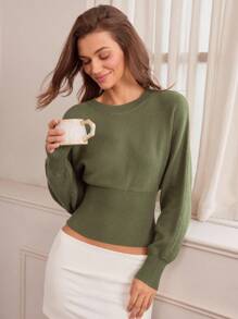 Hanevo Casual Round Neck Drawstring Waist Slim Fit Solid Color Knit Sweater, Versatile For Autumn/Winter - Green - View 6