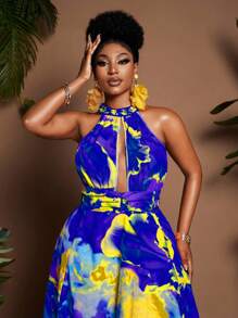 Maweii 大码无袖镂空开衩休闲撞色印花连衣裙 - 彩色 - 查看 2