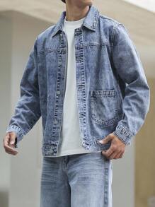 Manfinity Homme Plus Size Men's Long Sleeve Casual Light Blue Snow-Washed Denim Jacket , Fall - Blue - View 1