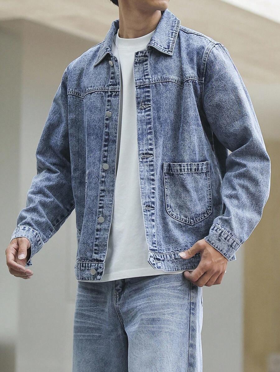 Manfinity Homme Plus Size Men's Long Sleeve Casual Light Blue Snow-Washed Denim Jacket , Fall - Blue - View 1