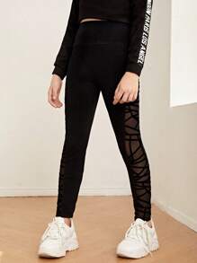 SHEIN Tween Girl Contrast Strappy Mesh High Waist Leggings - Black - View 6