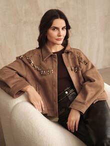 Anewsta Áo khoác dài tay thiết kế thêu ren vỏ sò cổ điển lãng mạn thanh lịch dành cho nữ, thích hợp cho mùa thu, đông, đi chơi, trang trọng, tiệc tùng, sang trọng, năm mới - màu nâu - Xem 5