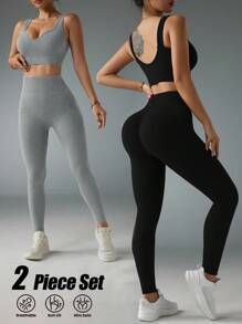 SHEIN Sports 女士纯色罗纹露脐上衣和紧身裤运动套装两件套健身套装两件套健身房套装两件套瑜伽套装女士运动套装 - 彩色 - 查看 1