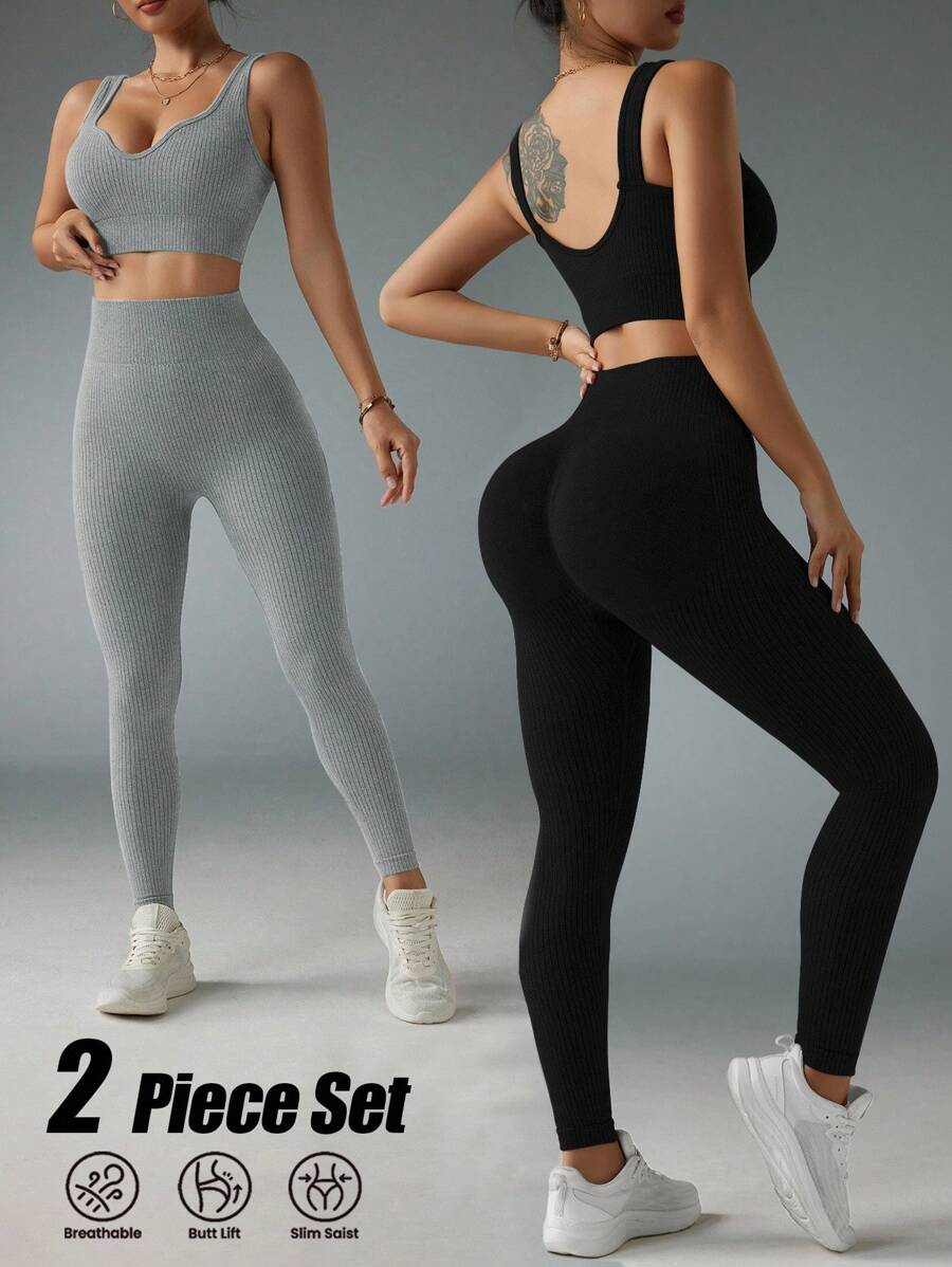 SHEIN Sports 女士纯色罗纹露脐上衣和紧身裤运动套装两件套健身套装两件套健身房套装两件套瑜伽套装女士运动套装 - 彩色 - 查看 1