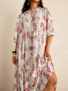 SHEIN VCAY 大码花卉印花休闲度假连衣裙 - 彩色 - 查看 5