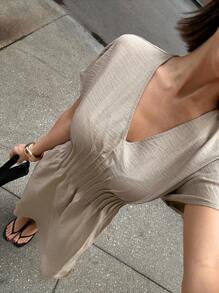 Siren Gaze New V-Neck Long Waist Cinched Dress Linen Dress Casual Midi Dress,Long Dress With Pleats At The Waist Summer - Apricot - View 7