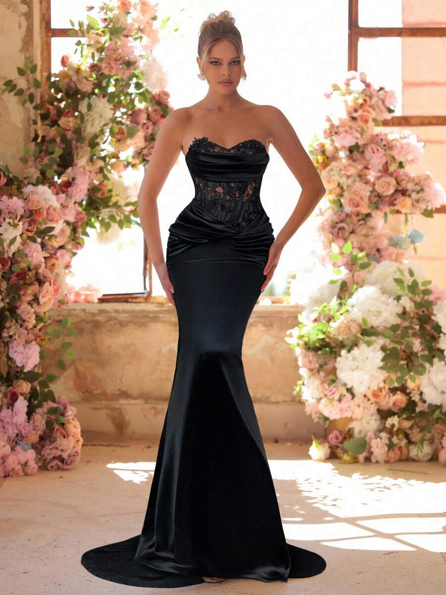 Glamrae فستان أنيق فاخر من الساتان المكشكش مع تطريز الدانتيل الأسود، مناسب للزفاف والمناسبات الرسمية - الأسود - مشاهدة 1