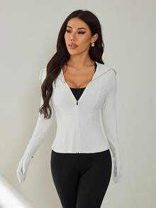 SHEIN PETITE Women Solid Color Zip Front Casual Long Sleeve Lightweight Jacket Sports Sun Protection In Fall/Winter - Light Grey - View 3