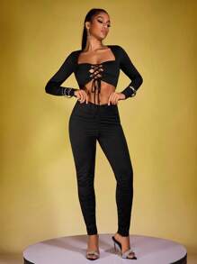 INAWLY 2pcs Women's Solid Color Tie-Front Sweetheart Neck Long Sleeve Crop Top And Leggings Set, Spring/Summer Fall Cloth For Women - Black - View 3