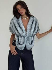 Aloruh 秋冬女士时尚短款人造毛皮披肩夹克 - 灰色 - 查看 7