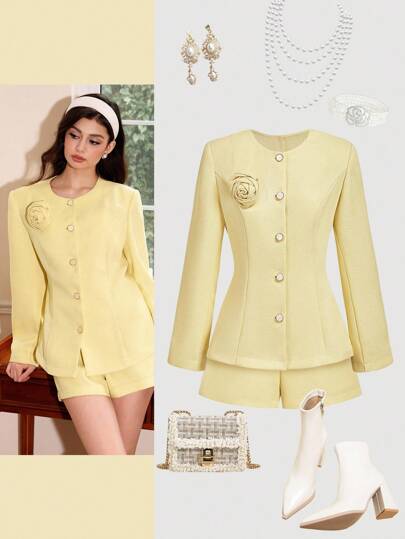 SHEIN MOD 女士优雅黄色粗花呢长袖单排扣夹克和短裤套装