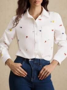 Briarwyn Áo sơ mi dài tay họa tiết hoa nhí phong cách cổ điển dành cho nữ, phù hợp cho đi làm, đi nghỉ mát, mùa xuân/thu, đi học, trang phục công sở, quần áo mùa thu, áo kiểu mùa thu. - trắng - Xem 4