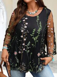 EMERY ROSE Plus Size Women Floral Embroidery Round Neck 3/4 Sleeve Black Casual Blouse Top,Autumn Boho Party,Summer Holiday Vacation, Western Wear - Multicolor - View 1