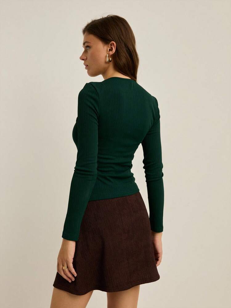 Nöista 女式纯色镂空设计长袖修身时尚上衣，秋季 - 綠色 - 查看 3