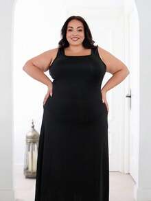 Plus Size Solid Square Neck Sleeveless Dress Maxi Women Outfit - Black - View 4