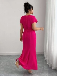 Elenzga Plus Size Women's Elegant Solid Color Belted Fitted Mermaid Dress Women Elegant Dress Dress With Belt Solid Color Dress Summer Elegant Dress Short Sleeve Maxi Dress